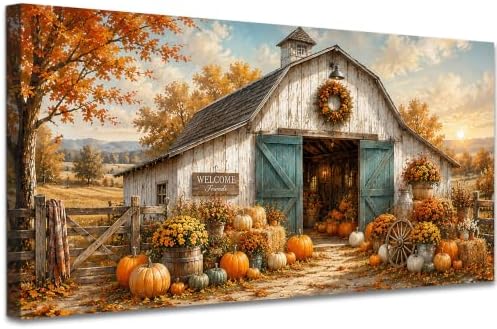 WAXWHELK Fall Farmhouse Canvas Wall Art, Rustic Farmhouse Barn Pumpkin Autumn Thanksgiving Painting Pictures Artwork for Bedroom Living Room Home Decor (30"x60") by Unknown
