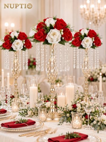 NUPTIO Pcs of 6 Fake Flower Ball Arrangement Bouquet,15 Heads Plastic Roses with Base, Suitable for Our Store's Wedding Centerpiece Flower Rack for Parties Valentine's Day Home Décor (Red & White) - Image 2