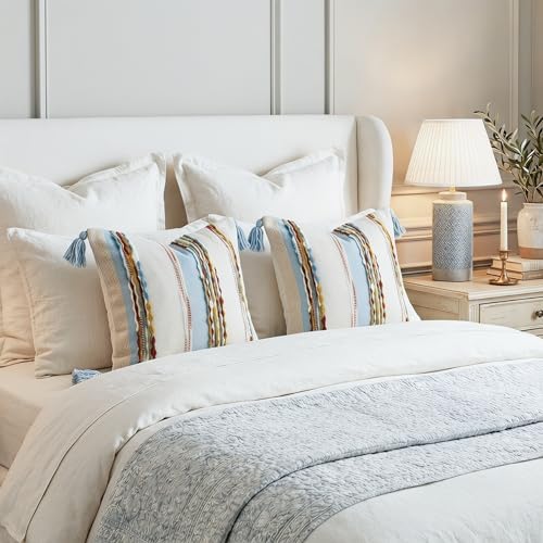 PANOD Chenille Farmhouse Throw Pillow Covers 18 x 18 Blue Brown, Neutral Boucle Couch Pillow Cover, Striped Decorative Boho Coushion Cover Pillow Case for Couch Bed Sofa Bedroom,Modern Accent,Set of 2 - Image 6