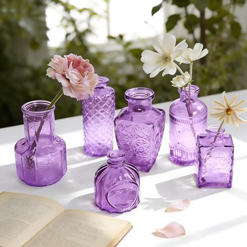 Violet Purple Glass Bud Vases in Bulk 12, Small Vintage Textured Flower Vases for Wedding Centerpieces, Baby Shower, Party Event, Decorative Mini Vase Bottles Set for Flower, Home Table Decor - Image 3