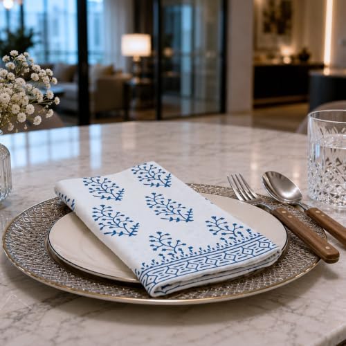 Floral Cloth Napkins Set of 12, Block Print Inspired 100% Cotton Dinner Napkins for Thanksgiving, Christmas & Fall, Reusable Wedding Linens, 18 x 18 Inch, Blue and White Botanical - Image 7