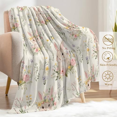 Cute Bunny Fleece Blanket - Lightweight Soft Cozy Gifts Throw for Animal Lovers, Kids,Women,Rabbit Floral Cream Blankets,Home Room Modern Farmhouse Boho Decor 60x80in - Image 3