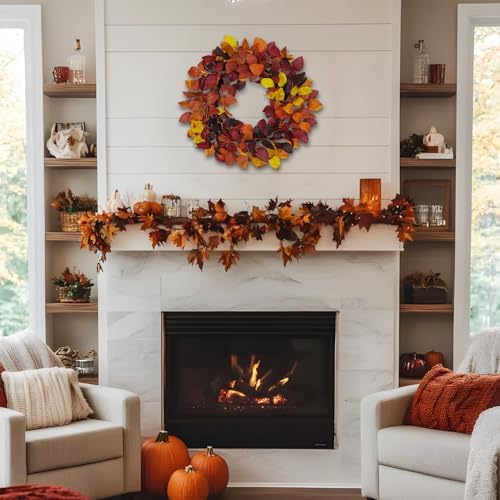 Artificial Fall Leaf Wreath for Front Door – 20" Autumn Wreath with Lifelike Fagus Sylvatica Foliages – Mixed Orange Yellow – Rustic Thanksgiving & Halloween Decoration for Indoor & Outdoor - Image 7