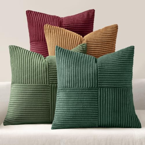 MIULEE Boho Christmas Green Decorative Throw Pillow Covers 20x20 Set of 4 Farmhouse Cushion Covers Color-Clash Corduroy Pillow Cases Modern Soft Corduroy Patchwork Home Decor for Couch Sofa Bedroom by MIULEE