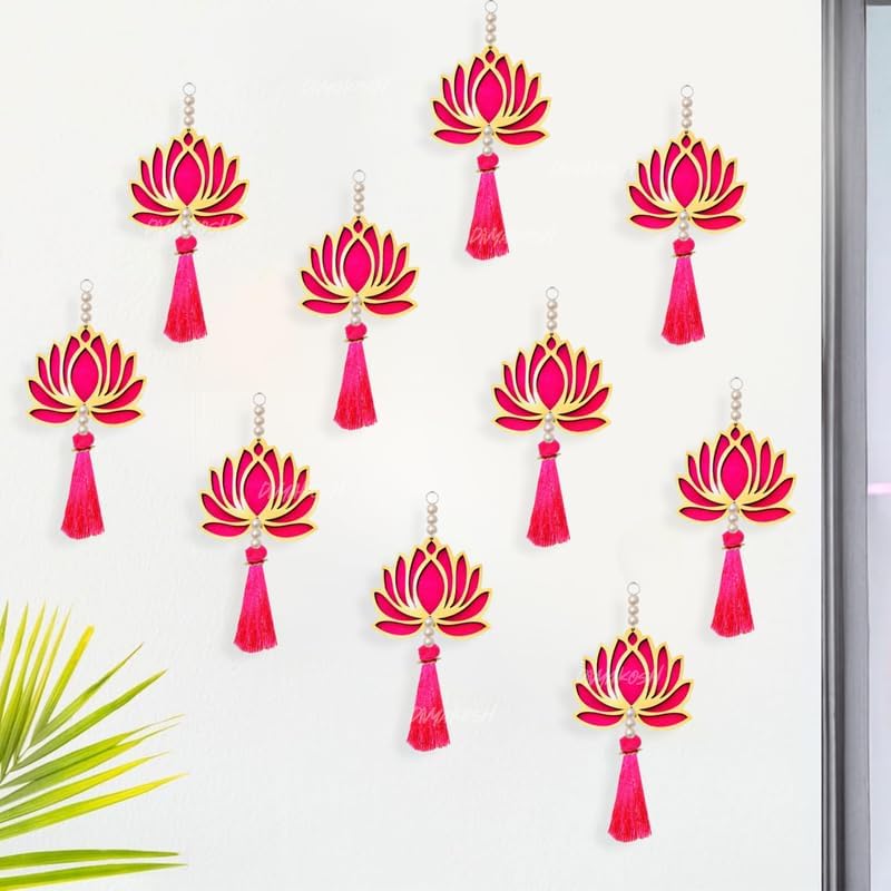 Divyakosh Fabric and Beads Lotus Hangings, Pack of 10 | Pink | Decoration Home Decor Wall Door Mandir Pooja Room, Pink Lotus Tassel Wall Hanging, Wedding Backdrop Decorative, Size - 9 Inch - Image 6