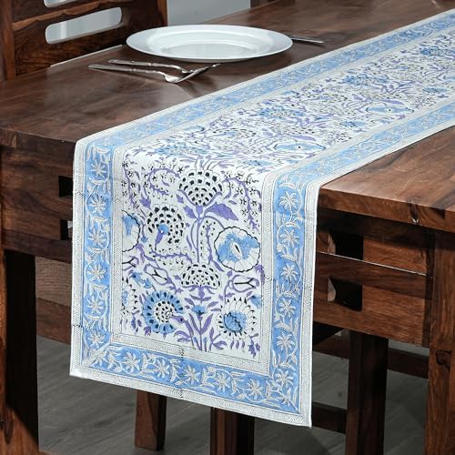 CPC Indigo Blue Block Print Cotton Table Runner 16x90 Inch Long Runner by COTTONPRINTCLUB