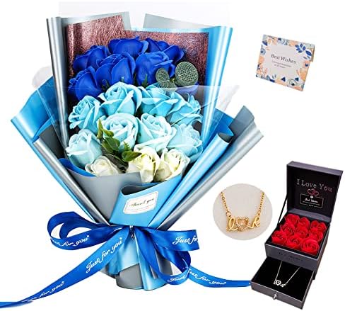 EIGHTOWN Roses Bouquet Artificial Flower - Preserved Blue Rose Flowers with Love Necklace for Her - Unique Gifts Valentine's Day, Mother's Day, Thanksgiving, Birthday, Anniversary by EIGHTOWN