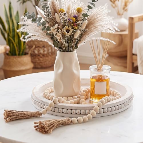 Mumufy 12" Round Decorative Tray with 58" Bead Garland, White Washed - Image 6