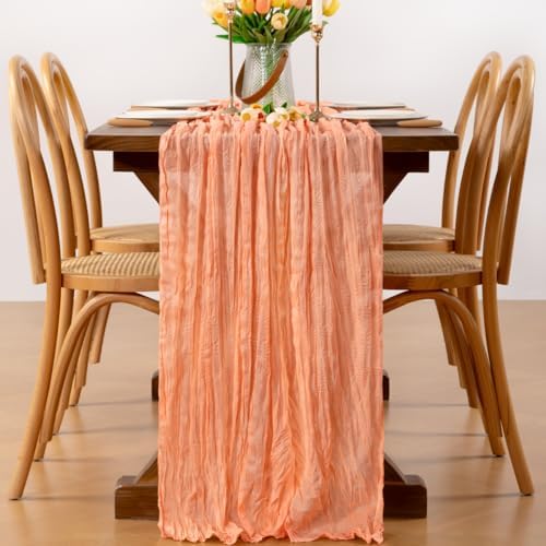 Peach Cheesecloth Table Runner Boho Wrinkled Gauze Table Runners - Image 4