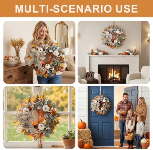 Fall Wreaths for Front Door 22 Inch Autumn Pumpkin Wreath with Orange Maple Leaves Eucalyptus Leaves White Berries Bow Rustic Farmhouse Thanksgiving Wreaths Decor for Indoor Porch Wall Home - Image 3