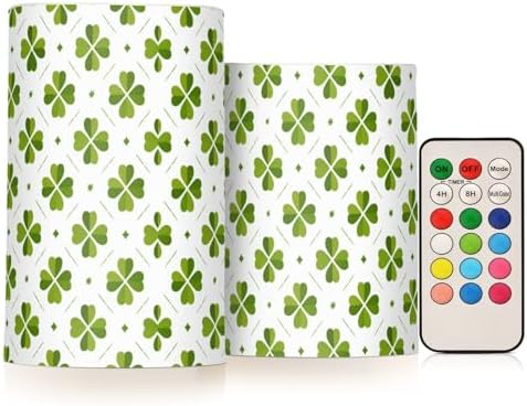 ALAZA St Patricks Day Clover Leaves Shamrocks Flickering Flameless Candles Battery Operated with Remote Timer,Tea Light Candles LED Pillar Votive Candles Set of 2 for Outdoor Indoor Decorations by ALAZA