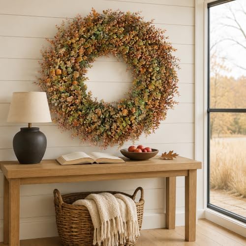 32" Large Fake Eucalyptus Fall Wreath for Front Door Decor(Orange-Green) - Image 4
