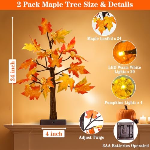 TURNMEON Fall Decor 2 Pack 24 Inch Prelit Fall Maple Tree 48 LEDs Timer - Image 2