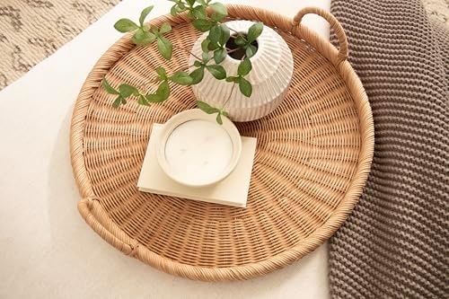 Kate and Laurel Cormont Modern Round Woven Rattan Tray with Handles; 23 Inch Diameter; Natural Rattan; Decorative Circle Boho Tray for Use as Versatile Ottoman Tray or Serving Platter - Image 6