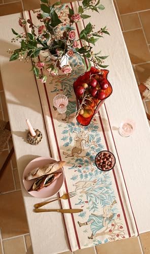 patdrea Designer Idyll Linen Table Runner, Vintage Beige Farmhouse with Ancient Spring Figure and Animal Pattern Table Mat, Decoration for Kitchen Dining Banquet Christmas ,12"*87" - Image 6