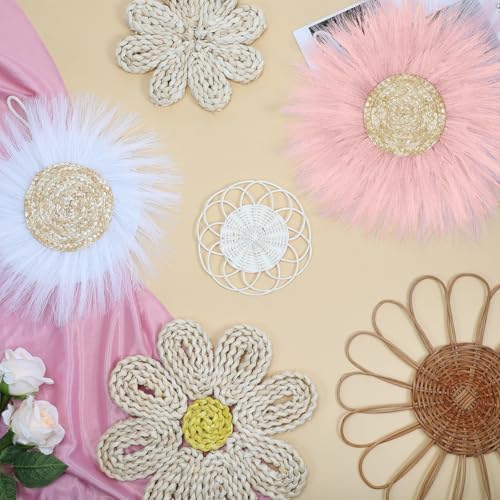 Chunful 7 Pcs Boho Wall Basket Decor Rattan Flower, Pink - Image 5