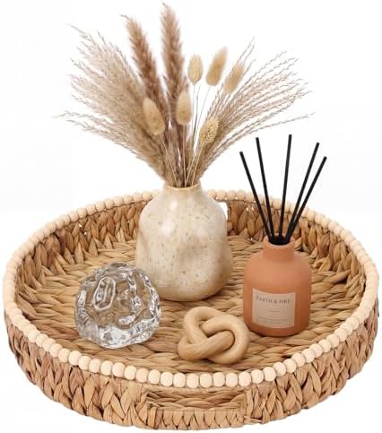 Round Wicker Tray 16'' Water Hyacinth Woven Tray with Handles Decorative Large Serving Trays for Coffee Table for Kitchen, Living Room, Bedroom Home Decor(Water Hyacinth) by Tiangrid