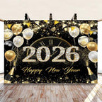 2026 Happy New Year Backdrop 10x8ft Black and Gold New Years Backdrop with Balloons Champagne Photography Background for New Year's Eve Party Photo Props - Image 2
