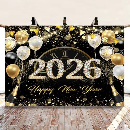 2026 Happy New Year Backdrop 10x8ft Black and Gold New Years Backdrop with Balloons Champagne Photography Background for New Year's Eve Party Photo Props - Image 2