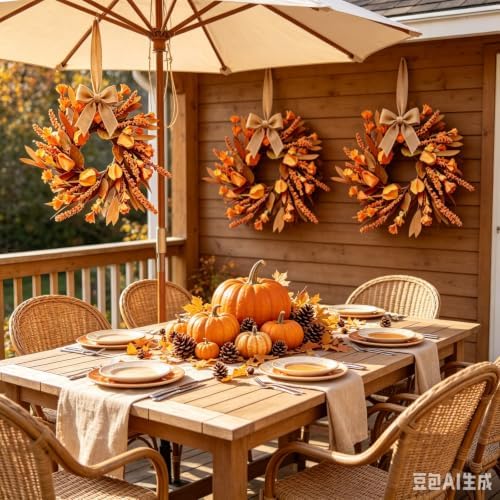 6 Pcs Small Fall Hanging Wreaths with Artificial Autumn Flowers Warm Orange Fall Foliage Wheat Spike Accents Rustic Burlap Ribbon Mini Cabinet Wreath for Farmhouse Thanksgiving Harvest Party Decor - Image 7