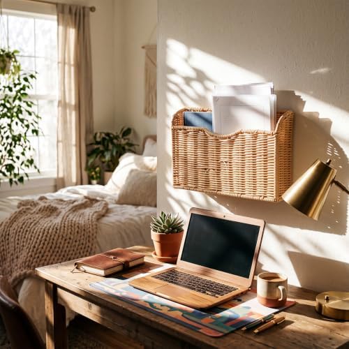 SiliFine 1 Pack Wall File Holder, Woven Hanging Basket Magazine Holder Wall Mounted Hanging Baskets File Organizer Pocket for Office Home Decorative Mail Magazine - Image 5