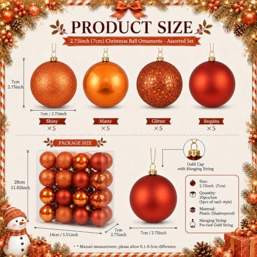 Soulchen 20 Pcs Orange Christmas Ball Ornaments 2.75" for Tree Shatterproof - Image 2