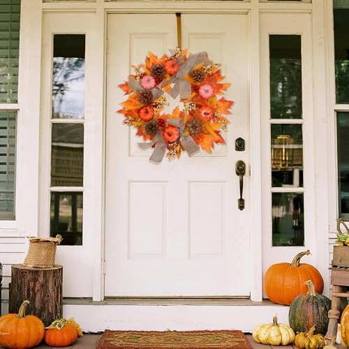 Fall Decor -Fall Wreaths for Front Door Outside,20-Inch Handcrafted Autumn Door Wreath with Colorful Pumpkins,Maple Leaves,and Delicate Bows, Autumn Decorations for Home Porch Thanksgiving Decor - Image 2