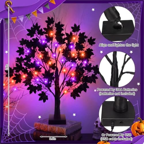 Teyva 2 Pack Halloween Black Tree 23.6 Inch, 48 LED Orange Purple Lights - Image 2