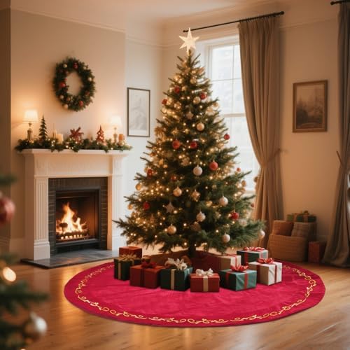 HyDren 84 inch Velvet Christmas Red Tree Skirt (Classical Style) - Image 4