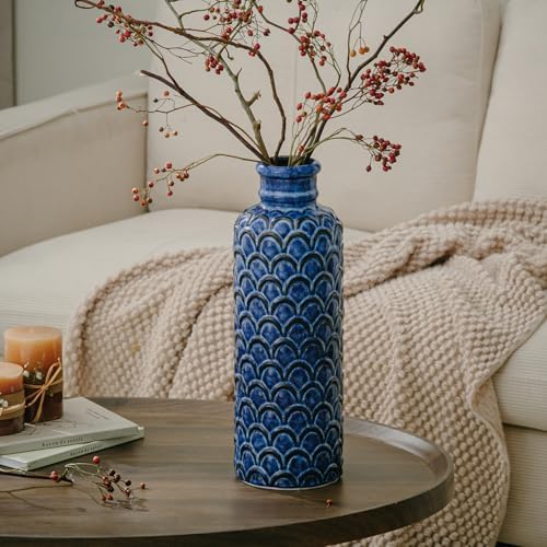Ceramic Flower Vase,13.98" Tall Vintage Blue Pottery Vase for Home Decor, Rustic Textured Vase for Pampas Grass, Living Room, Entryway, Mantel, Kitchen Table - Image 6