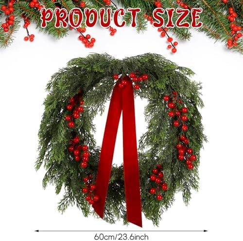 Suncalla 24'' Artificial Cedar Wreath for Front Door Christmas Wreaths Faux Cedar Decorated with Berry and Ribbons Xmas Wreath for Indoor Window Holiday Decor - Image 2