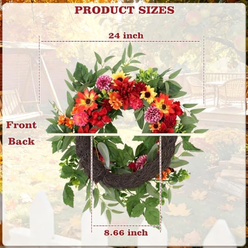 Artificial Fall Wreath for Front Door, 23 Inch Autumn Wreaths with Sunflowers, Eucalyptus Leaves for Indoor Outdoor Home Front Door Wall Window Decor Festival Celebration - Image 4