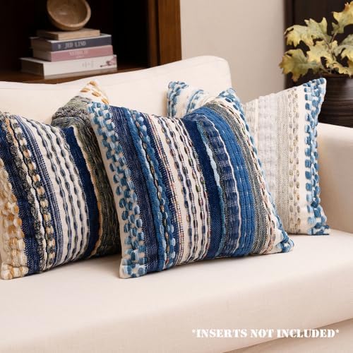 Boho Chenille Tufted Throw Pillow Covers 18x18 Inch Set of 2 Farmhouse Blue Woven Striped Decorative Pillowcases for Couch Sofa Bed - Image 2