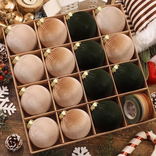 Simgoing 15 Pcs Neutral Velvet Christmas Ball Ornaments 3.15 Inch Brown Green Tan Polka Dot Flocked Xmas Ornaments with 10 Yards Velvet Ribbon Bauble Shatterproof Christmas Decoration for Holiday by Simgoing