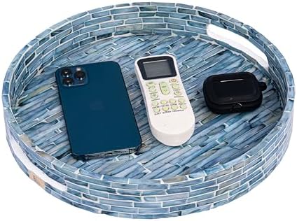 PEMAR 12.6” Mother of Pearls Lacquer Inlaid Round Serving Tray with Handles, Round Decorative Nacred Wooden Ottoman Coffee Table Tray (Blue Tiles) - Image 4