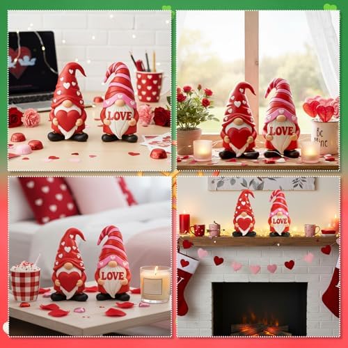 Simgoing 4 Pcs Holiday Gnomes Figurines 2 Valentines 2 St Patrick's Day Gnomes, Resin Love Heart Figurines Lucky Tabletop Decor Holiday Statues Centerpieces for Spring Home Table Tiered Tray Fireplace - Image 5