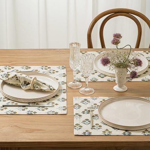 Block Print Floral Decorative Placemats Set of 6, Brown - Image 2