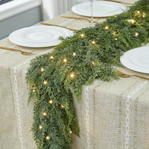 2PCS 6FT Real Touch Christmas Cedar Garland with Lights, Extra Full Greenery Garland with 840 Cypress Pine, Artificial Green Garland for Mantle Fireplace Table Stairs Door Porch, Indoor Outdoor Decor - Image 5