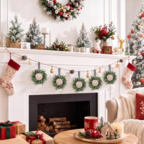 Dingion 6 Pcs 6 Inch Mini Christmas Cabinet Wreath with Black Plaid Bow - Image 6