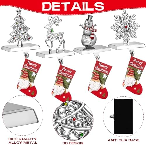 GUOER 4 Pack Snowflake Christmas Stocking Holder Set for Mantle Christmas Decorations Mantle Fireplace Topper-Snowman Reindeer and Christmas Tree Hangers Decorative Metal Hanger (Red Rhinestone) - Image 3