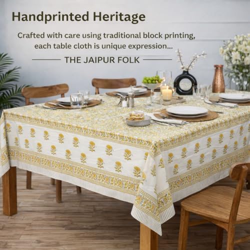 TJF Yellow Hibiscus Hand Block Print Rectangular Tablecloth 108 x 72 Inch - Image 3