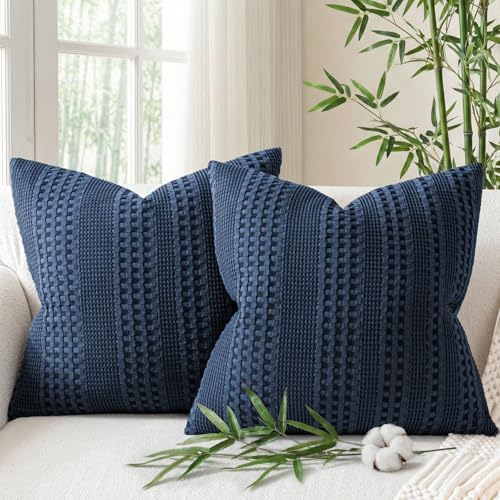 a moment 2 Pack Bamboo Fiber Pillow Covers - Waffle Weave, Ultra Soft & Breathable, Euro Shams Cotton Throw Pillow for Couch, Sofa, Bedroom Living Room 26x26 Inch Navy Blue by amoment