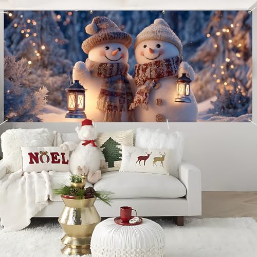 ANNA QUEEN Winter Garage Door Banner 6×13 FT, Smiling Snowman Couple with Lanterns, Cute Winter Outdoor Garage Decoration for Parties Home Decor - Image 6