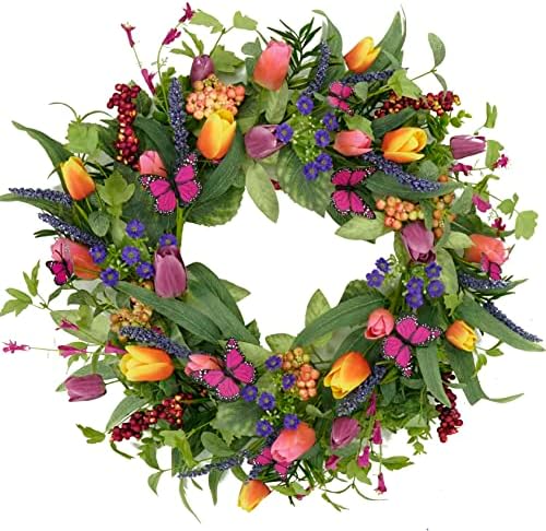 WreathDream 22 inch Spring Summer Wreath Tulip Wreath for Front Door with Purple Tassels, Eucalyptus Leaves, Ferns, Butterflies for Indoor Outdoor wall Festival Home Farmhouse Wedding Decor by WreathDream