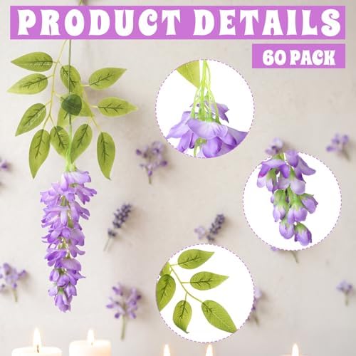 Lyrow 60 Pack Artificial Purple Wisteria Floating Garland, Ceiling Hanging Flower Vines, Enchanted Themed Decorations, Whimsical Party Coquette Aesthetic Fairy Room Decor, Garden Wedding Wall Decor - Image 2