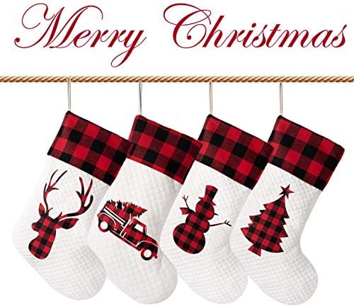 LUBOT Set of 4 Christmas Stocking(20inch) Silhouette Buffalo Red Plaid/Rustic/Farmhouse/Country Cotton Fireplace Hanging Xmas Stockings Decorations for Family Holiday Season Decor - Image 2