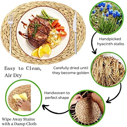 Oval Woven Placemats Set of 6, Natural Water Hyacinth Charger Plates Non-Slip Weave Placemats Farmhouse Straw Braided Rattan Tablemats, Oval Wicker Place Mats for Dining Table - Image 3