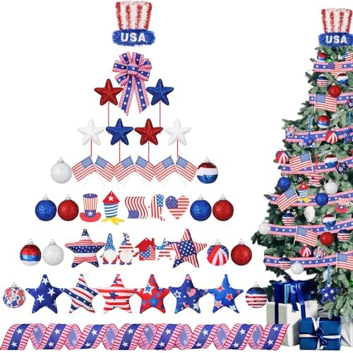 Halfchet 43 Pcs 4th of July Tree Decorations Patriotic Tree Ornaments Topper Trees Hanging Ornaments for Independence Day Home Table Party Decor (USA Hat Style) by JaaMiin
