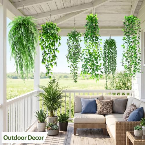 Daifunli 18 Pcs Artificial Hanging Plants Fake Hanging Ferns Plastic Fake Plant for Wall Room Garden Garland Indoor Outdoor Decor No Basket (Eucalyptu,Mandala,Boston,String of Pearl,Podocarpu,Pothos) - Image 4