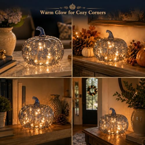 Indigo Blue Crackle Glass Pumpkin Light with 2 Lighting Modes and 6-Hour Timer, 5.5 x 6 Inch Battery Operated Fall Decor for Halloween, Thanksgiving and Christmas - Image 6